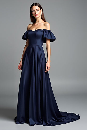 Robe formelle à épaules dénudées bleu marine froncée
